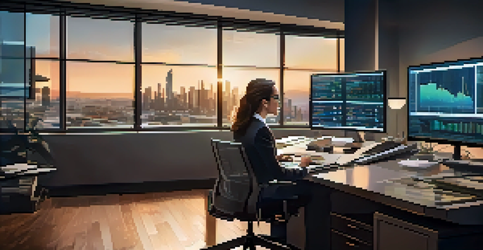 A financial analyst at a modern desk with multiple screens showing data charts, illuminated by ambient lighting with a city skyline in the background.