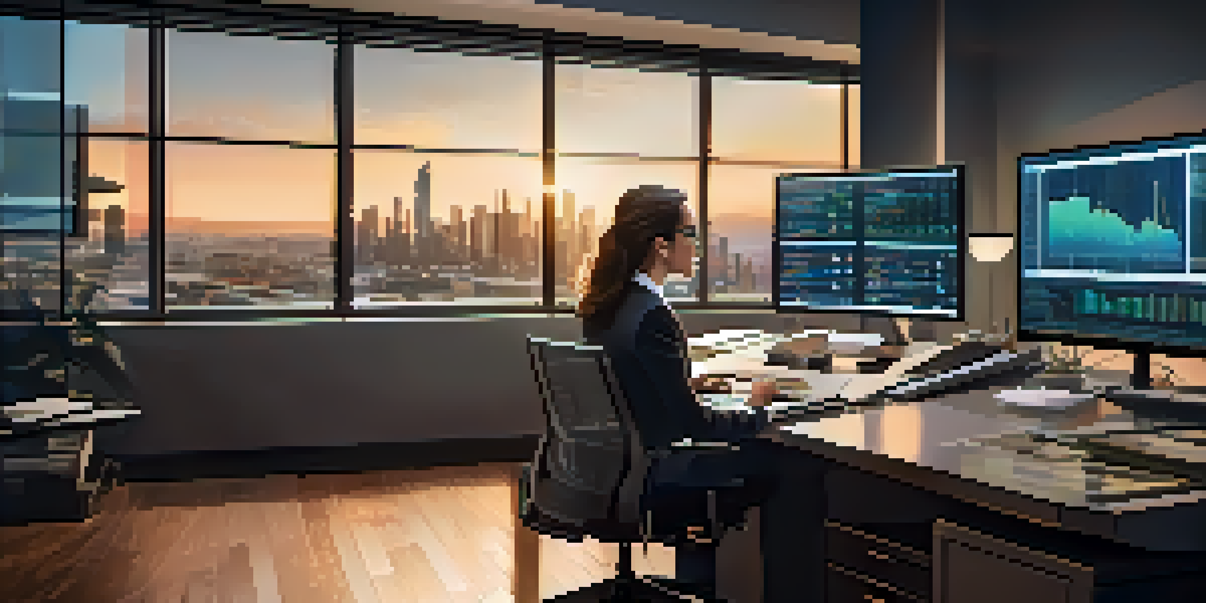 A financial analyst at a modern desk with multiple screens showing data charts, illuminated by ambient lighting with a city skyline in the background.