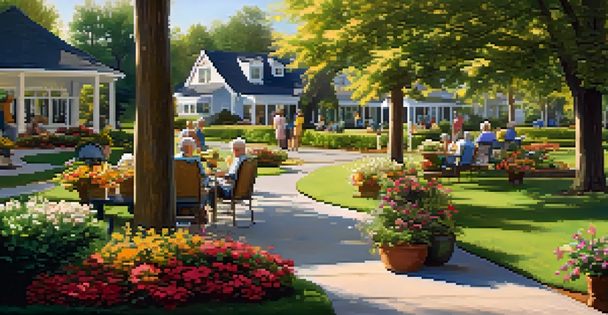 A peaceful retirement community with retirees enjoying gardening and reading in a garden filled with colorful flowers, illuminated by warm sunlight.