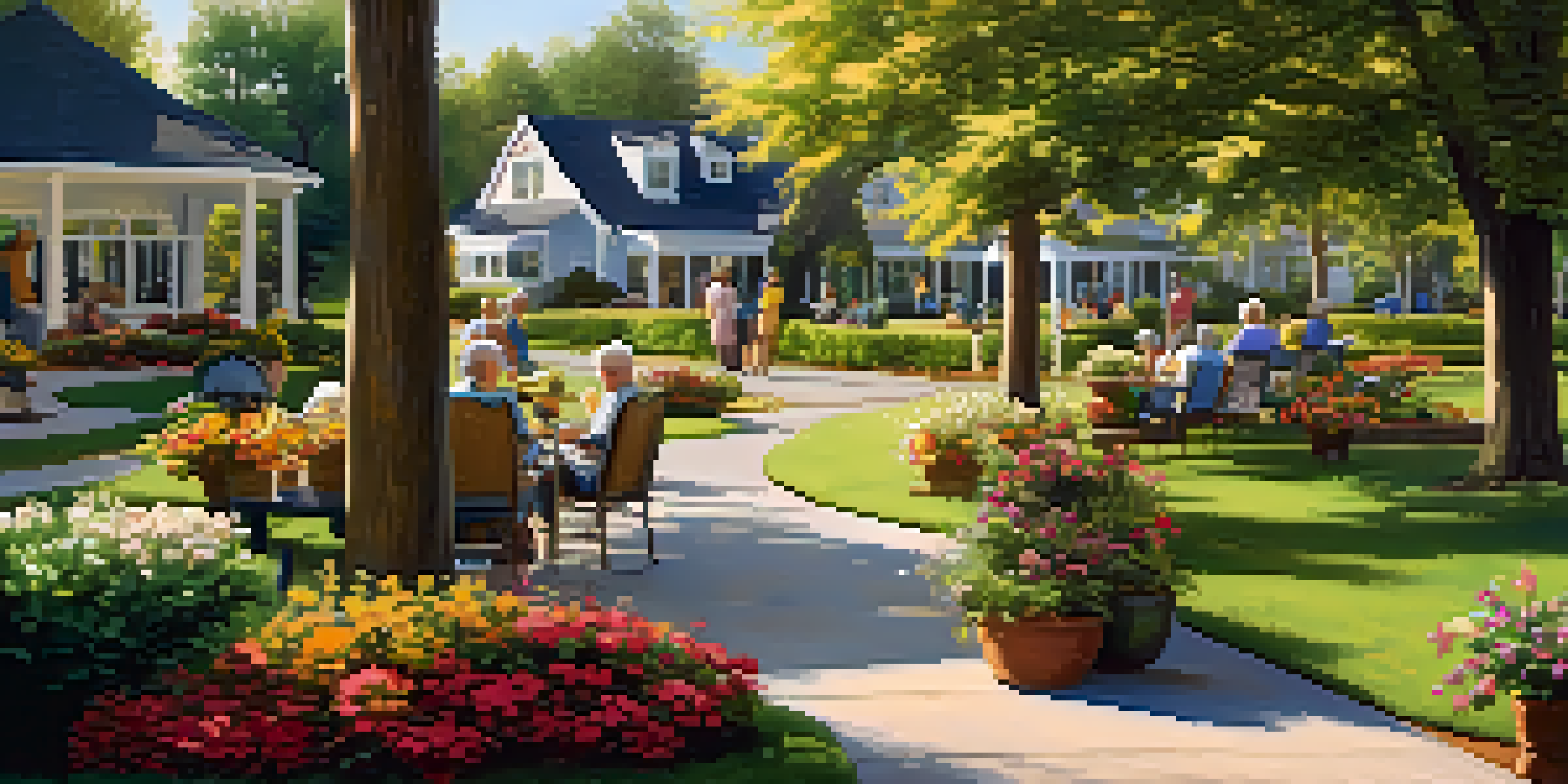 A peaceful retirement community with retirees enjoying gardening and reading in a garden filled with colorful flowers, illuminated by warm sunlight.