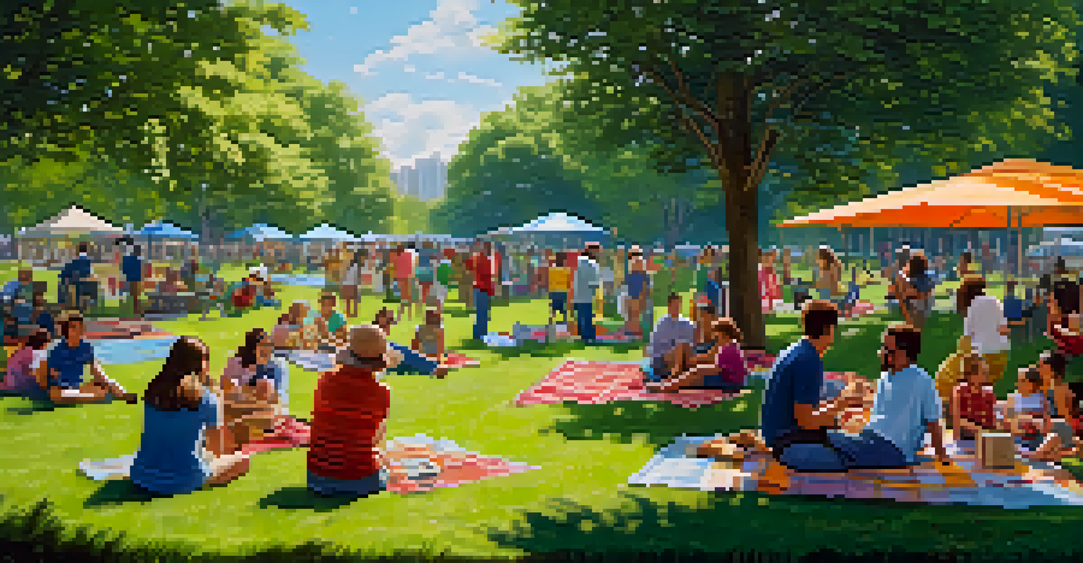 A lively community gathering in a park with people picnicking, playing, and enjoying a sunny day.