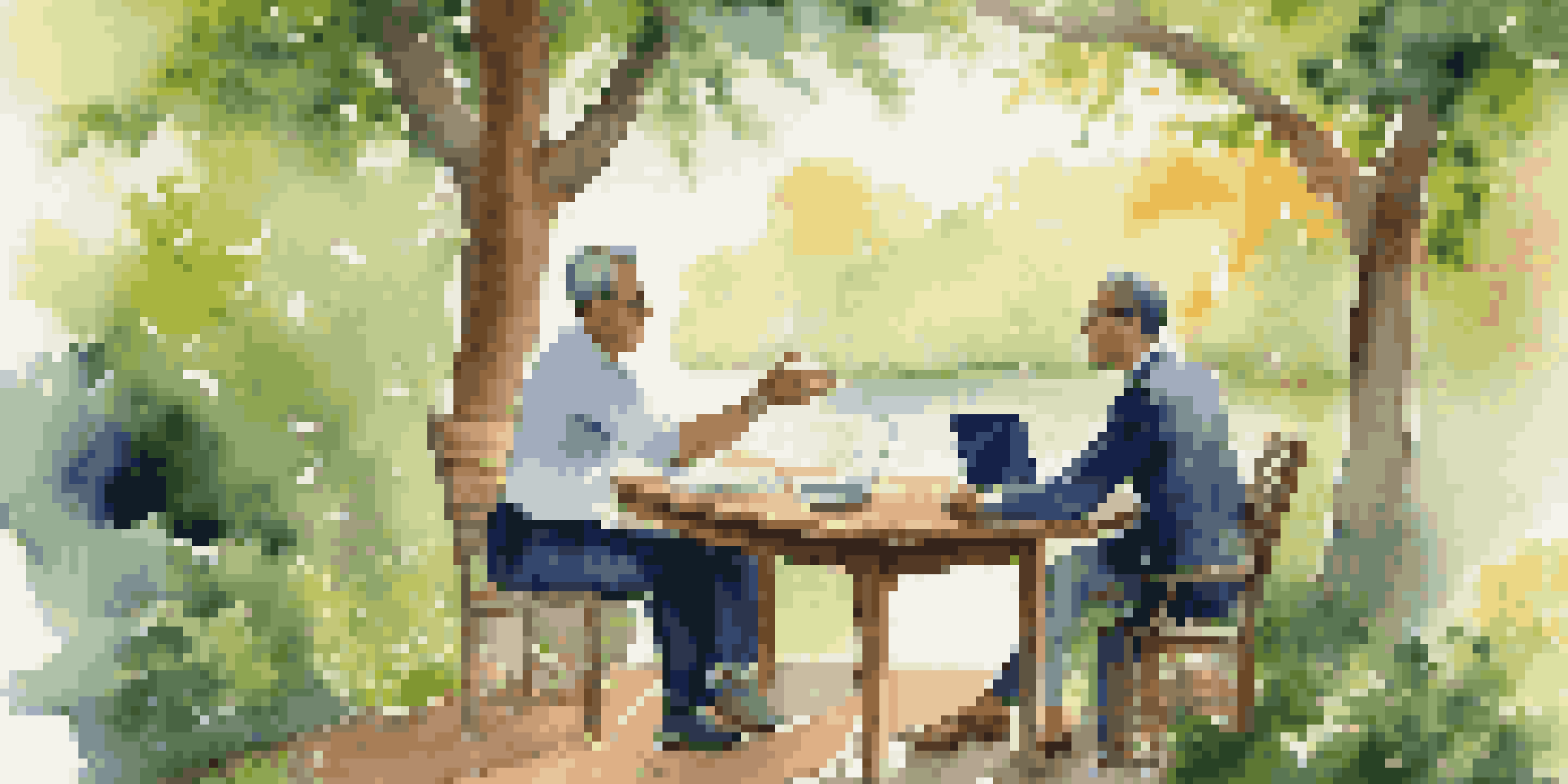 A financial advisor discussing investment strategies with a client outdoors, with a laptop showing a positive graph surrounded by greenery.