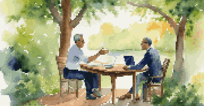 A financial advisor discussing investment strategies with a client outdoors, with a laptop showing a positive graph surrounded by greenery.