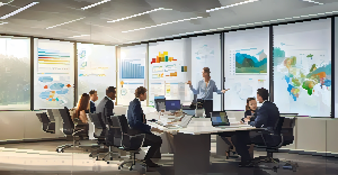 A diverse group of professionals in a corporate office discussing financial risk assessment with charts and graphs.