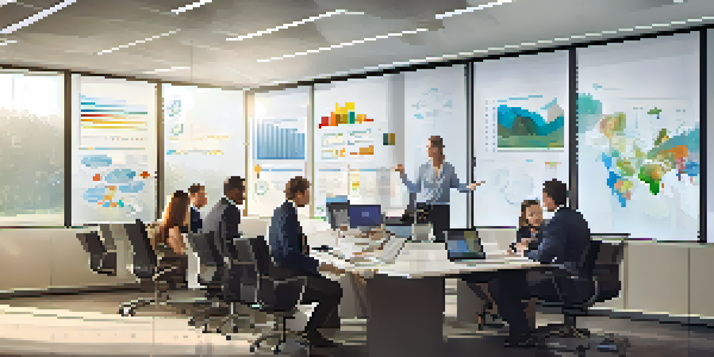 A diverse group of professionals in a corporate office discussing financial risk assessment with charts and graphs.