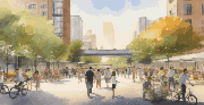 A lively urban scene with a subway station, parks, and diverse people enjoying outdoor activities under golden hour sunlight.