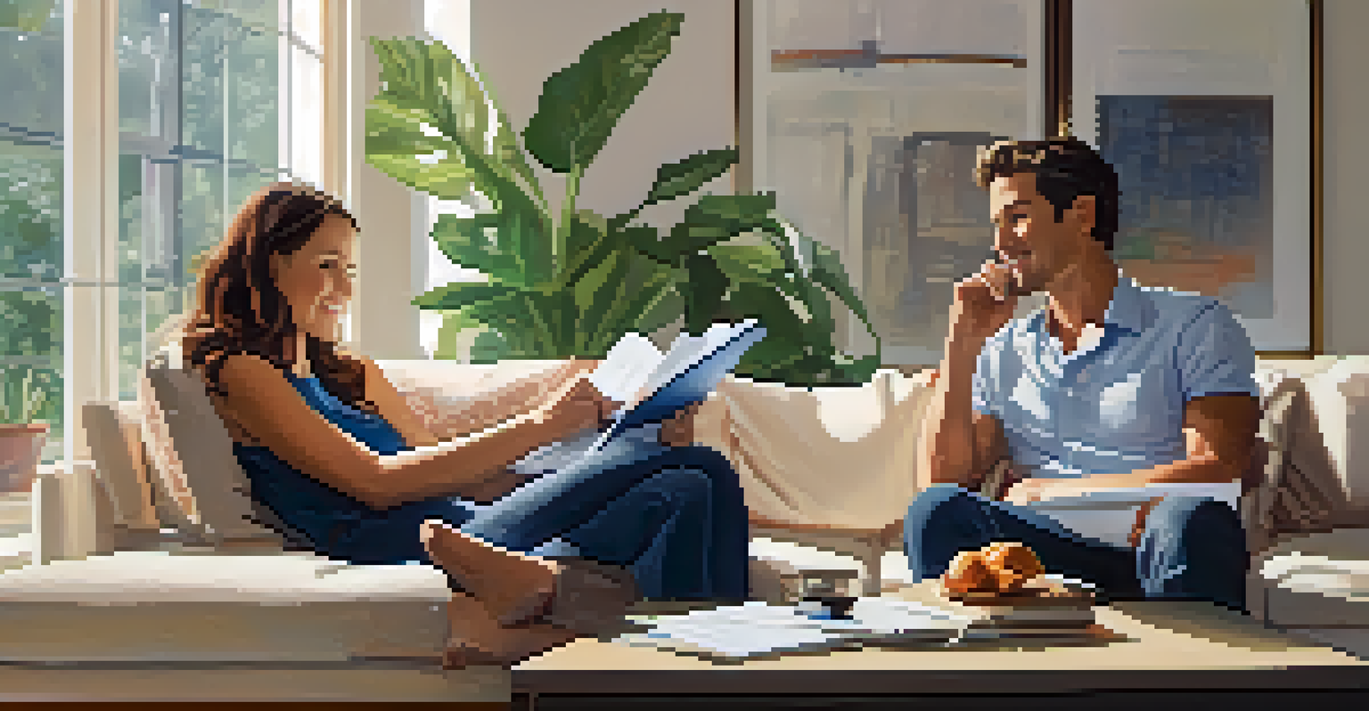 A couple reviewing their budget on a sofa in a bright living room, with notepad and tablet in front of them.