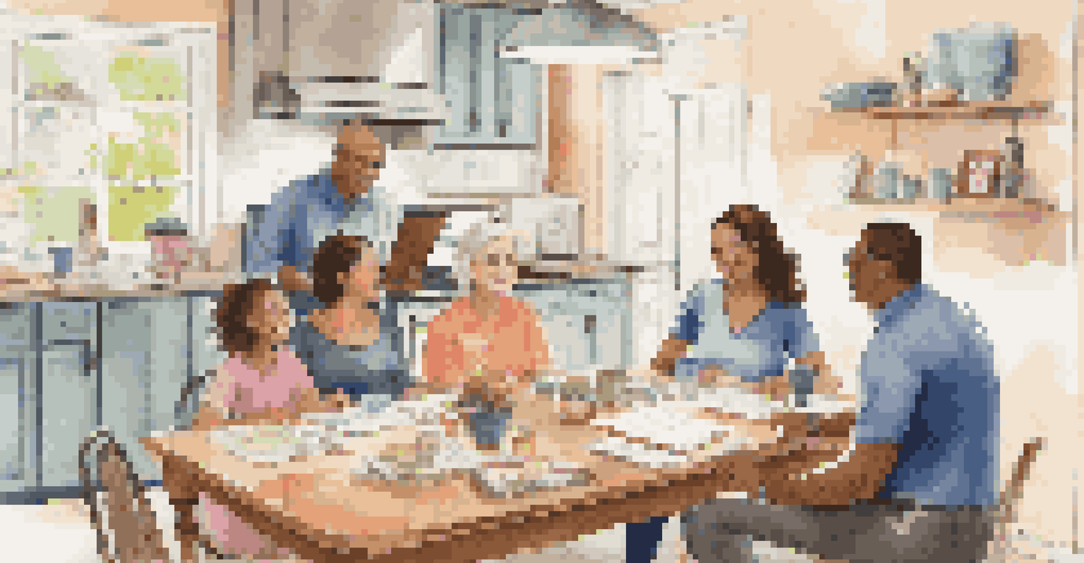 A family consulting with an insurance agent at a dining table, surrounded by documents and a laptop in a bright kitchen.