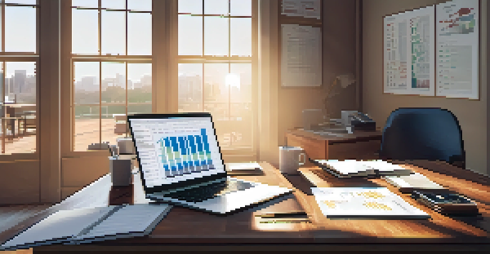 A modern office with a wooden desk, laptop showing stock charts, and a notepad filled with financial notes, illuminated by soft morning light.