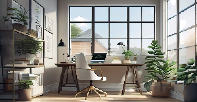 A cozy home office with a desk, laptop, plants, and natural light coming through a large window.