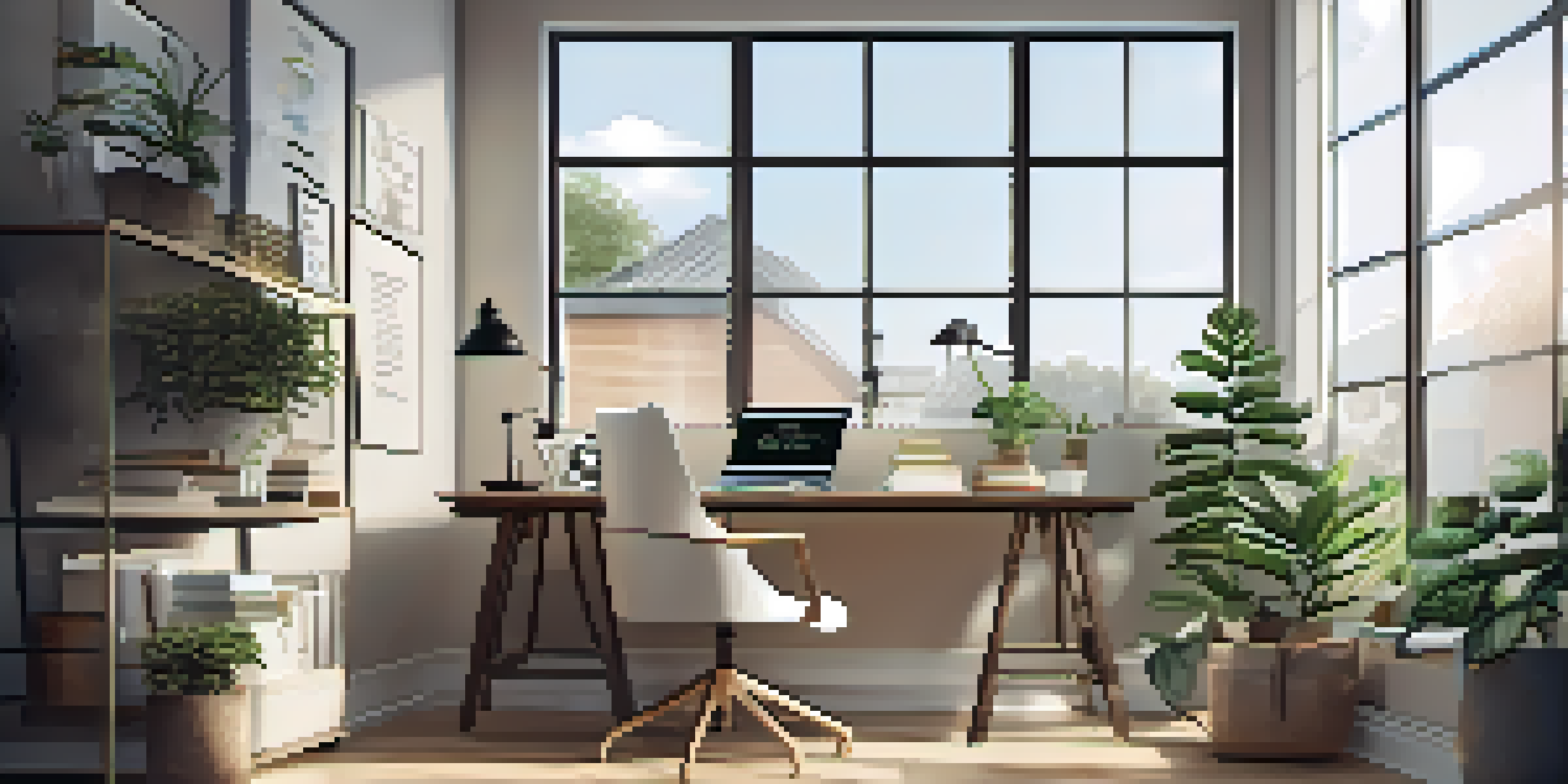 A cozy home office with a desk, laptop, plants, and natural light coming through a large window.