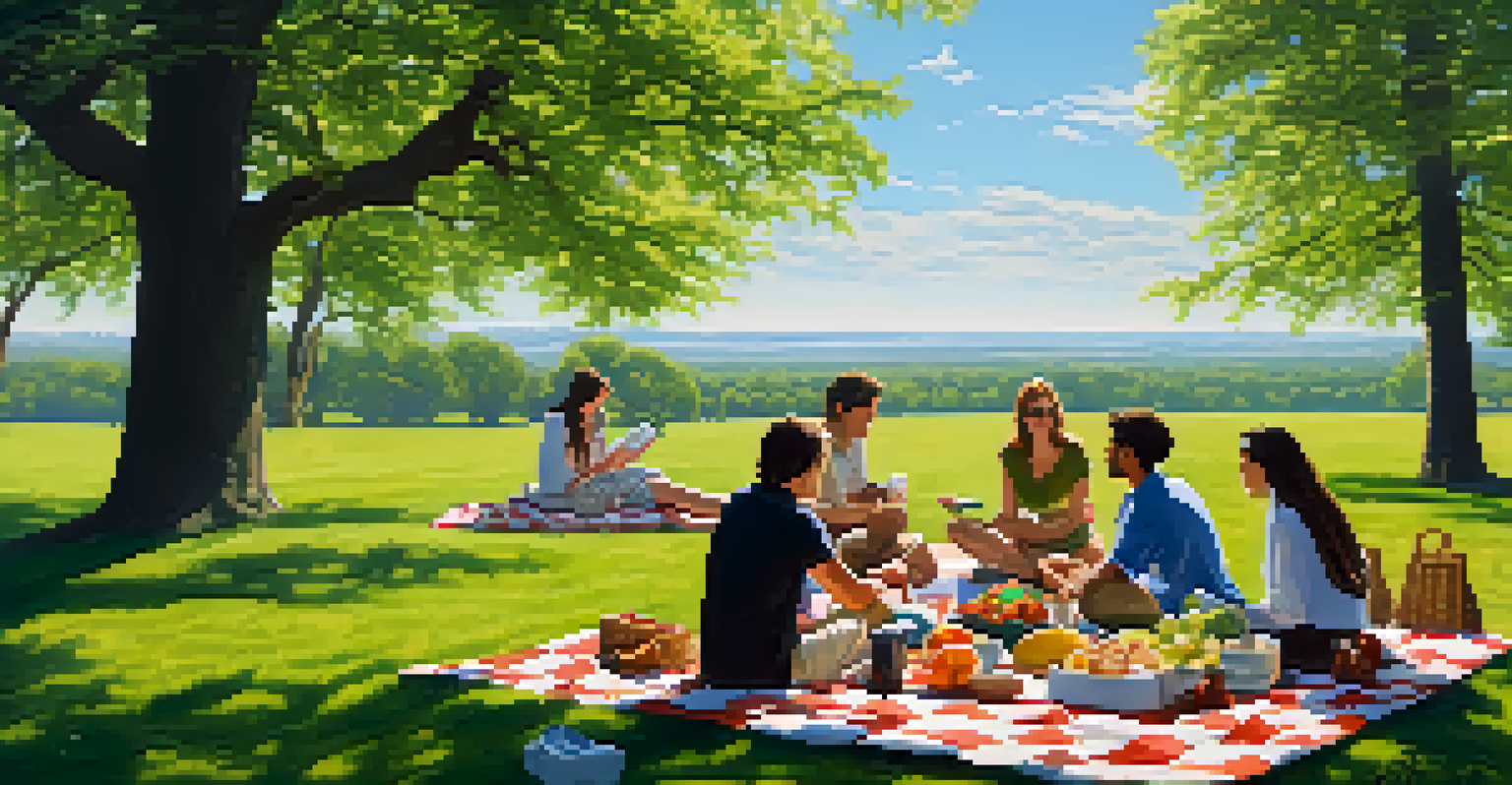 An outdoor picnic with a blanket, healthy snacks, and a clear sky, showcasing a mindful eating experience.