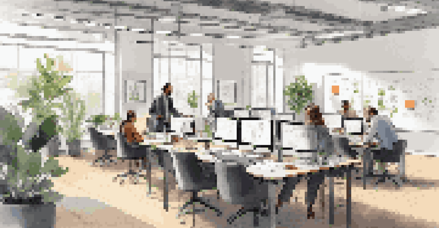 A modern office with professionals collaborating at a table, surrounded by laptops and charts on a whiteboard.