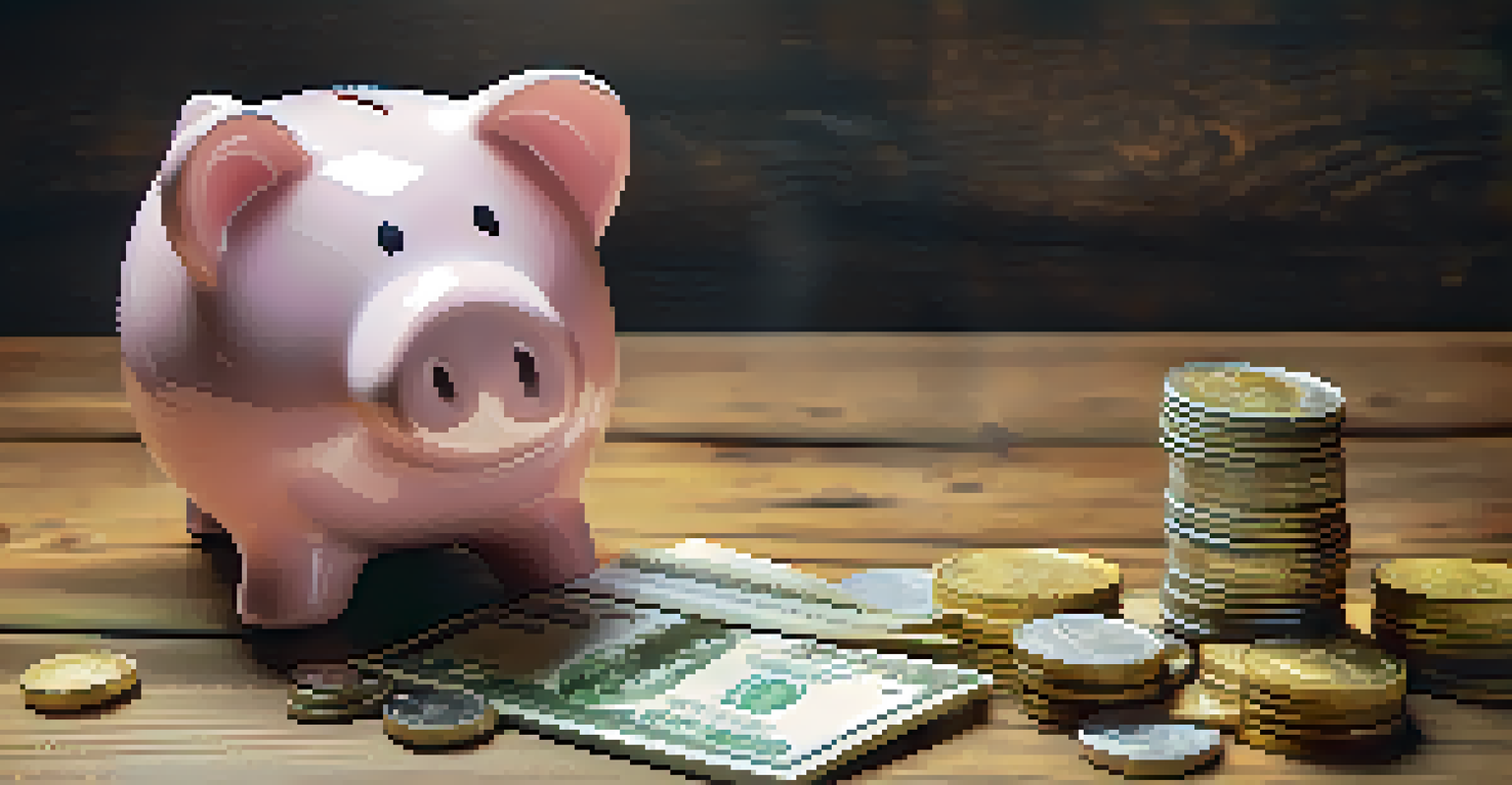 Close-up of hands holding a piggy bank with scattered coins and a cash flow statement on a wooden table, with a blurred background.