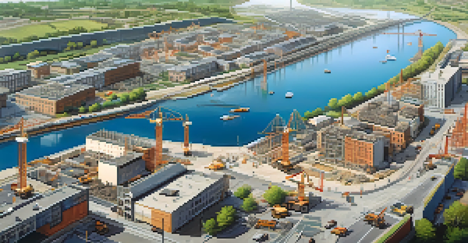 Aerial view of a developing neighborhood with construction sites and new housing developments amidst green landscapes.