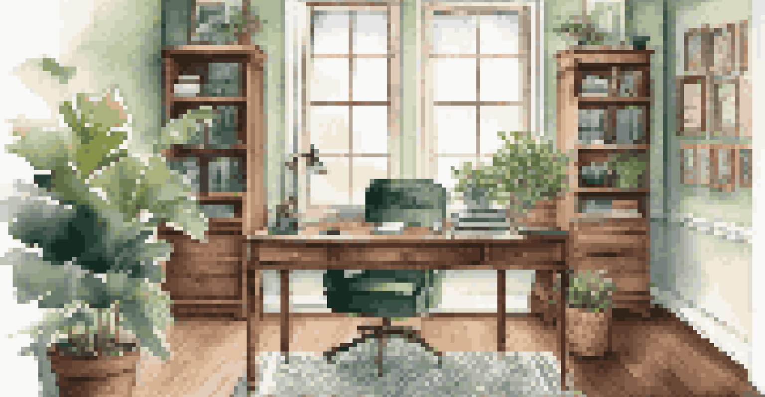 A stylish home office with a wooden desk, laptop, and natural lighting from a window.