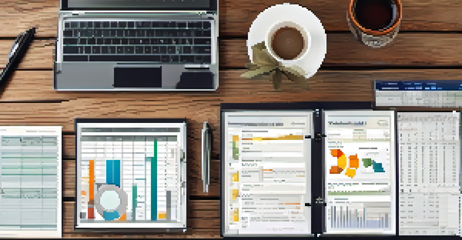 An overhead view of a budgeting spreadsheet on a laptop with a calculator, tea cup, and notepad on a rustic wooden table.