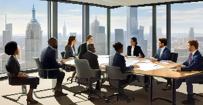 A diverse group of professionals discussing strategies around a conference table with city skyline in the background.