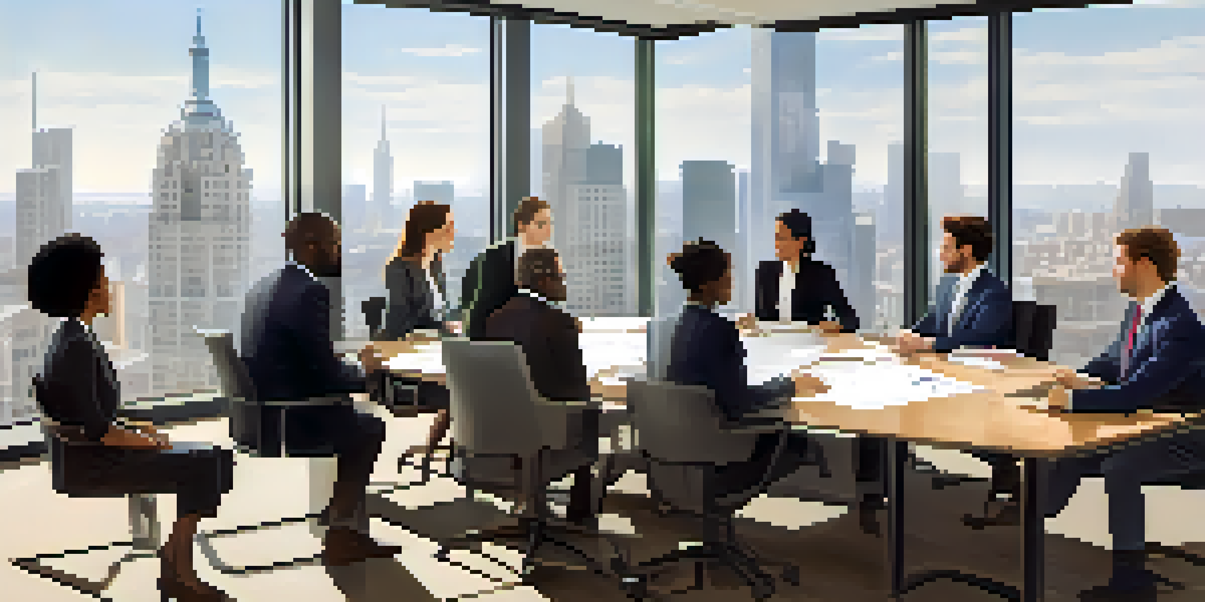 A diverse group of professionals discussing strategies around a conference table with city skyline in the background.