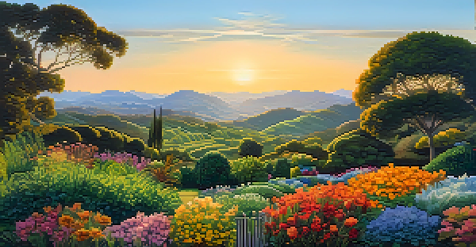 A colorful garden representing a diverse investment portfolio, with different plants symbolizing stocks, bonds, and real estate under a beautiful sunset.
