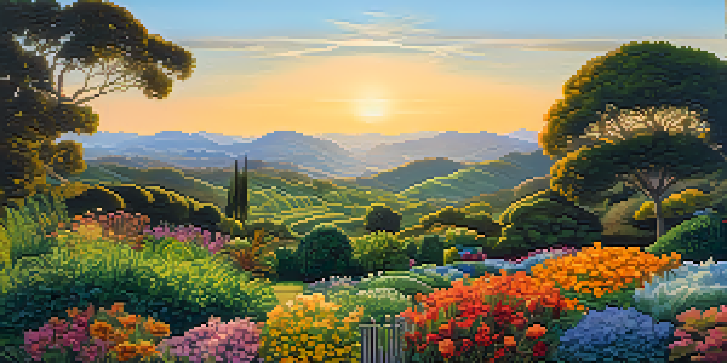 A colorful garden representing a diverse investment portfolio, with different plants symbolizing stocks, bonds, and real estate under a beautiful sunset.