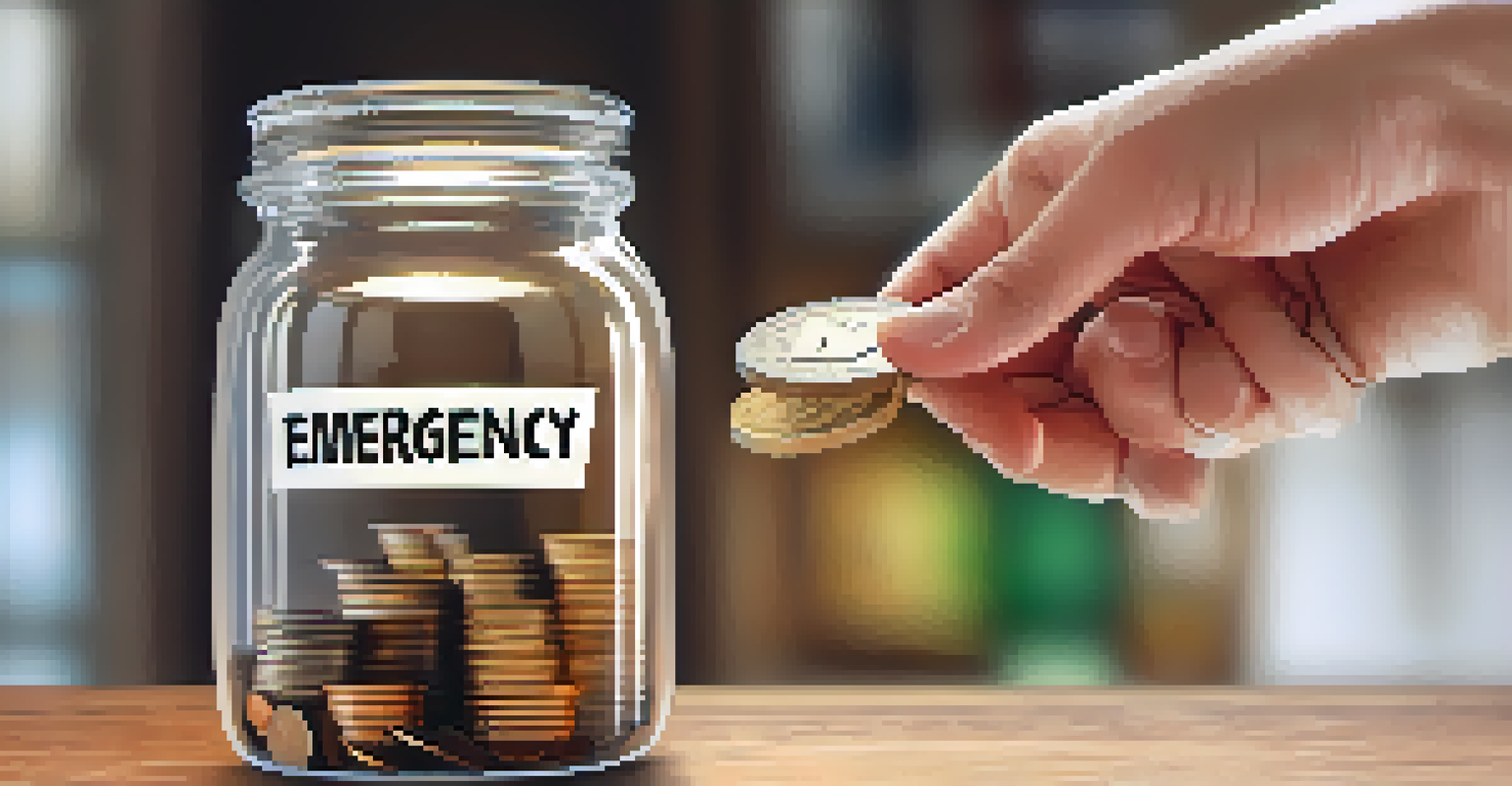 A close-up of a hand adding a coin to a glass jar labeled 'Emergency Fund' on a wooden table.