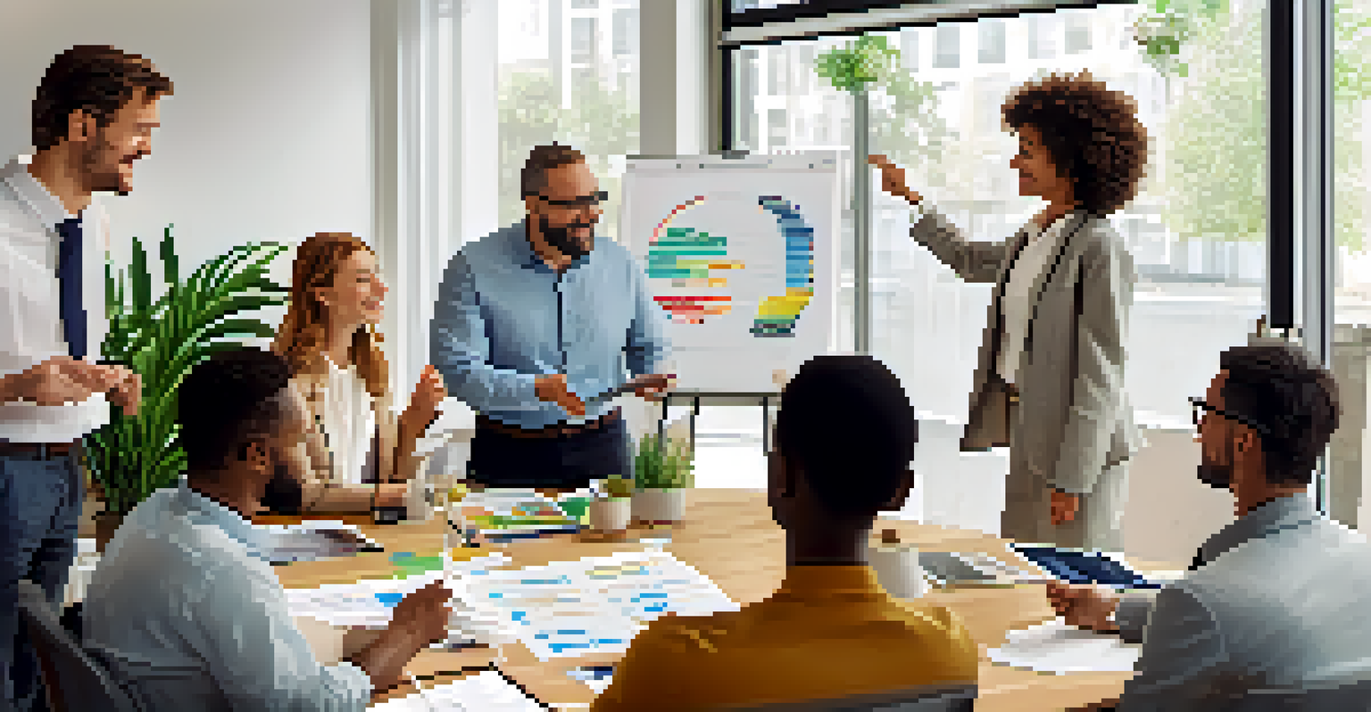 A diverse group of professionals in a team meeting discussing business strategy, with charts and documents on the table.