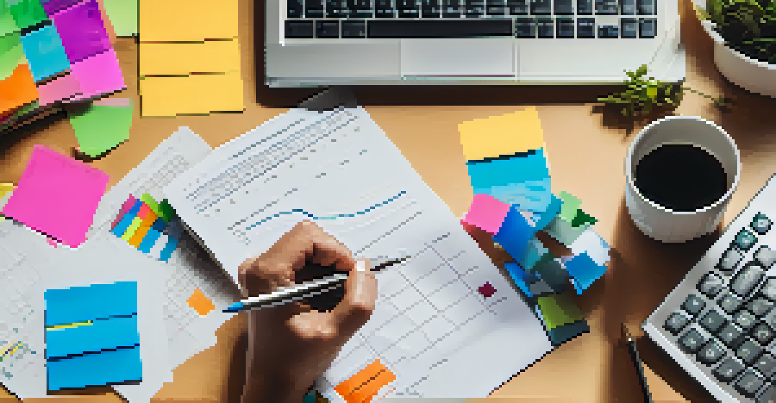 Close-up of hands writing in a financial planner surrounded by budgeting tools and a laptop with graphs.