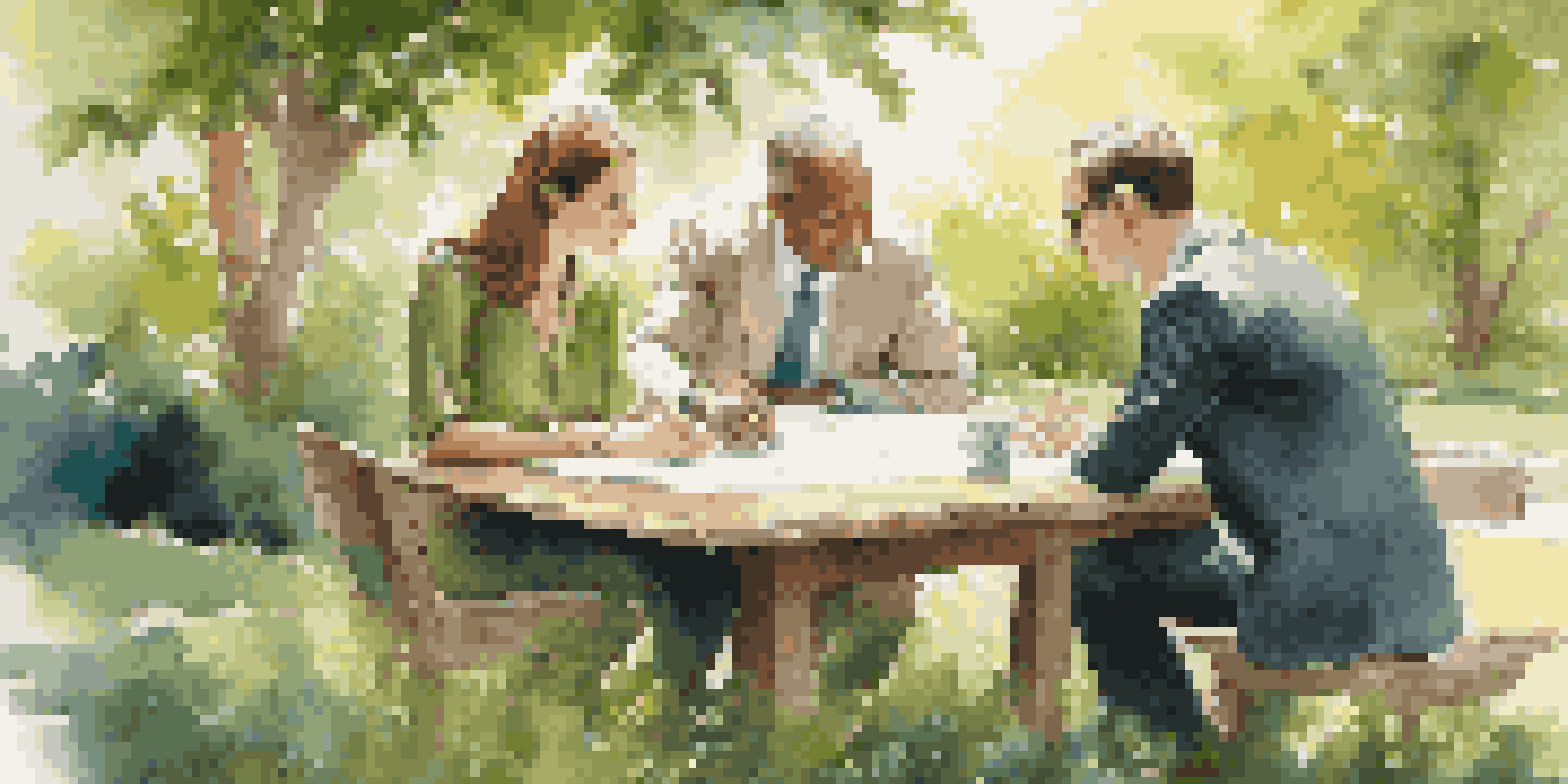 Two real estate partners discussing property plans outdoors in a garden, surrounded by nature and sunlight.