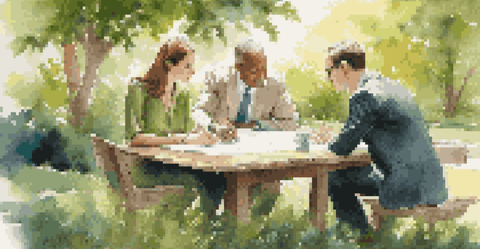 Two real estate partners discussing property plans outdoors in a garden, surrounded by nature and sunlight.