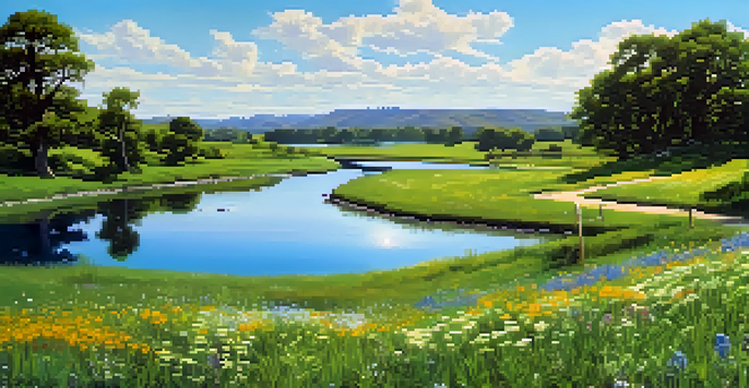 A green meadow with a river, a wooden signpost saying 'Capital Gains', and colorful wildflowers.