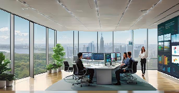 A bright office with diverse analysts discussing financial models and data displayed on large screens.
