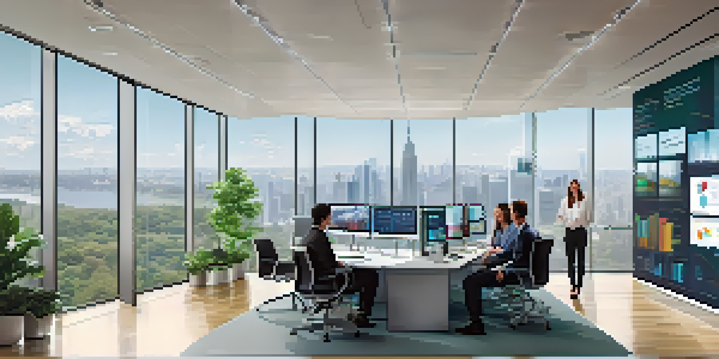 A bright office with diverse analysts discussing financial models and data displayed on large screens.