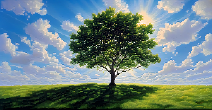 A young tree growing in a sunlit field, symbolizing growth and compound interest, with coins scattered around its base.