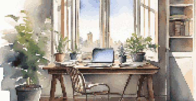 A modern workspace with a laptop, financial planning books, and a potted plant under soft morning light.