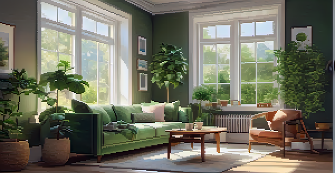 A cozy living room with a sofa, coffee table, piggy bank, and notepad in soft sunlight.