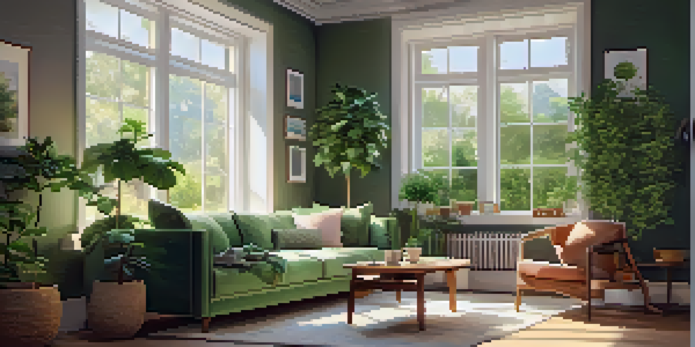 A cozy living room with a sofa, coffee table, piggy bank, and notepad in soft sunlight.