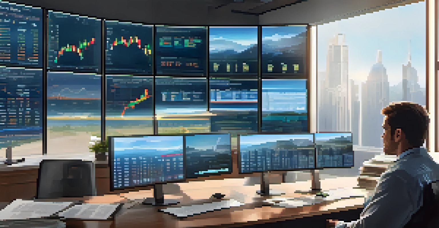 An investor in an office analyzing stock performance on screens, with charts of stock splits visible.