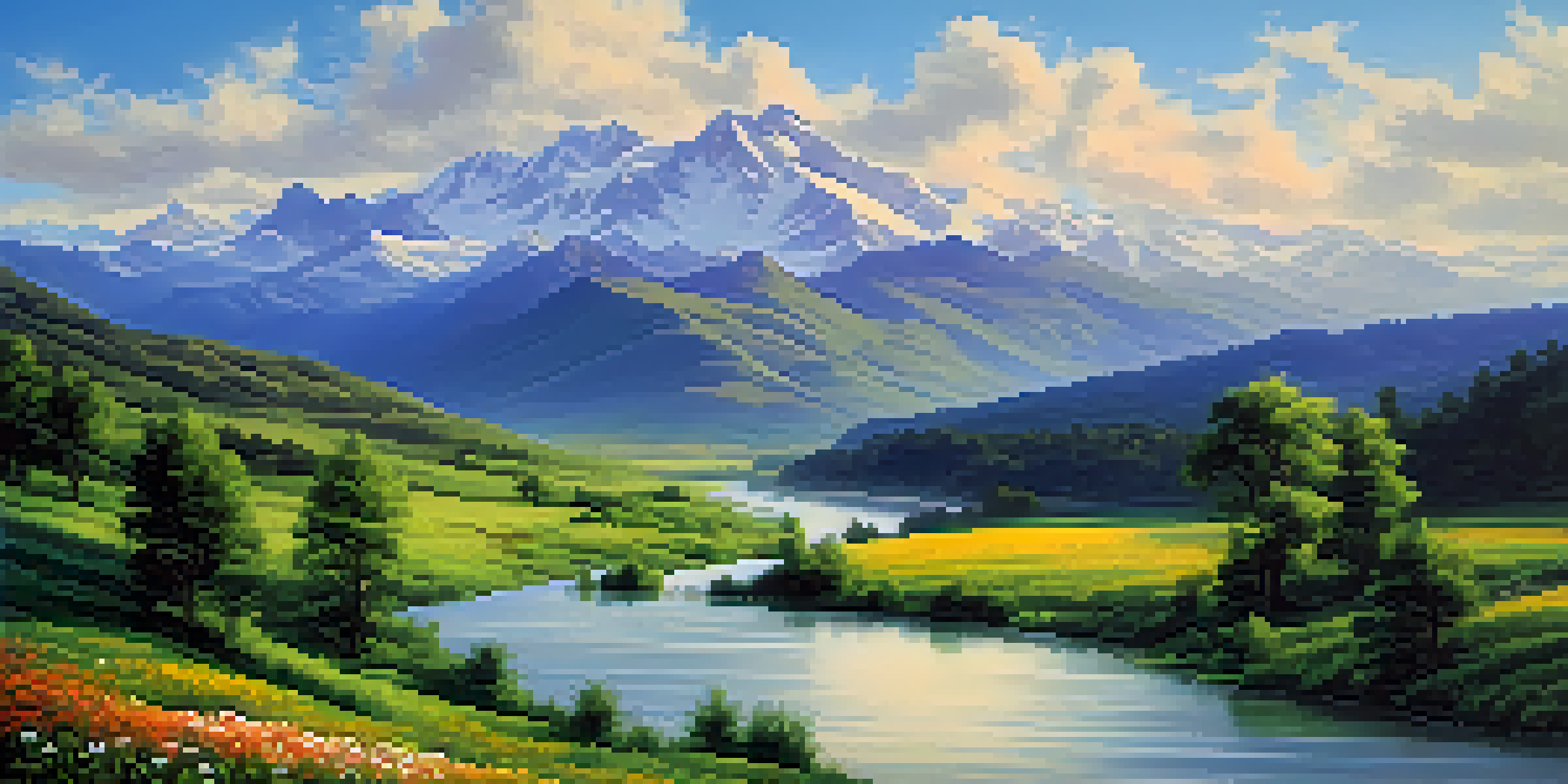 A peaceful river in a green valley surrounded by mountains and wildflowers under a blue sky.
