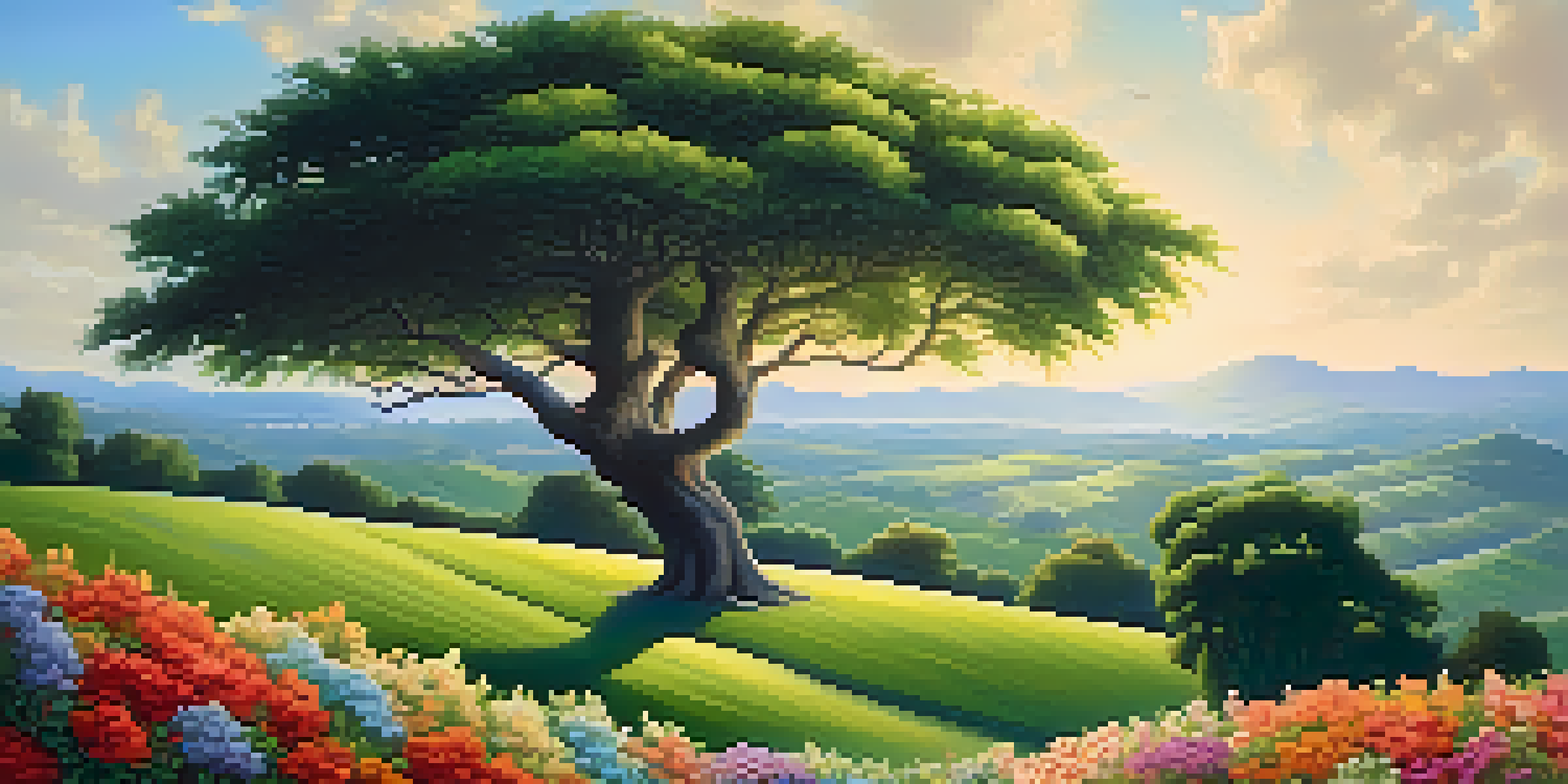 A flourishing tree in a serene landscape symbolizes long-term growth, surrounded by colorful flowers and rolling hills under a clear blue sky.