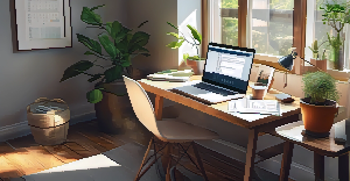 A warm and inviting home office setting with a wooden desk, laptop, steaming coffee, and a potted plant under natural light.