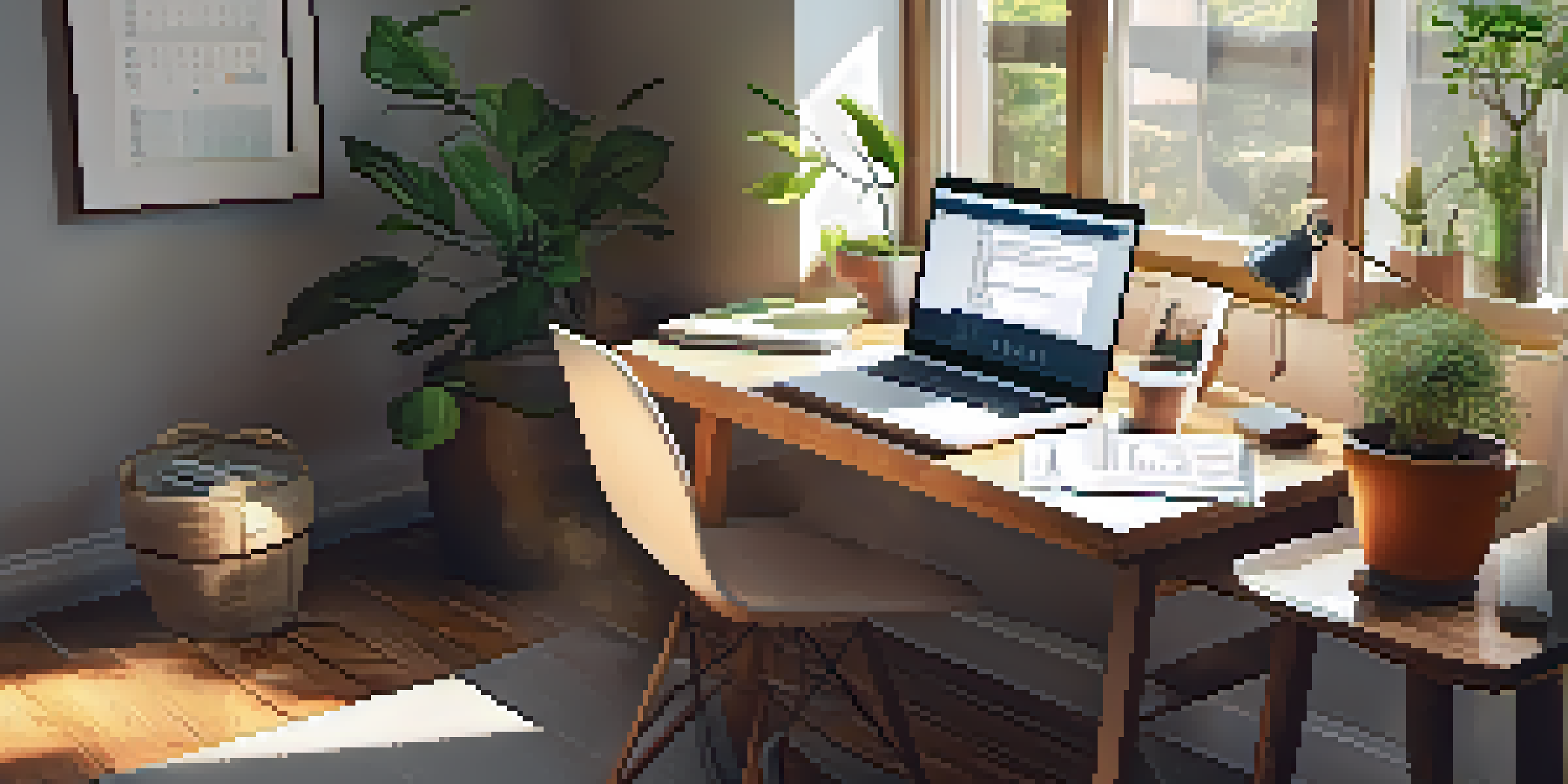 A warm and inviting home office setting with a wooden desk, laptop, steaming coffee, and a potted plant under natural light.
