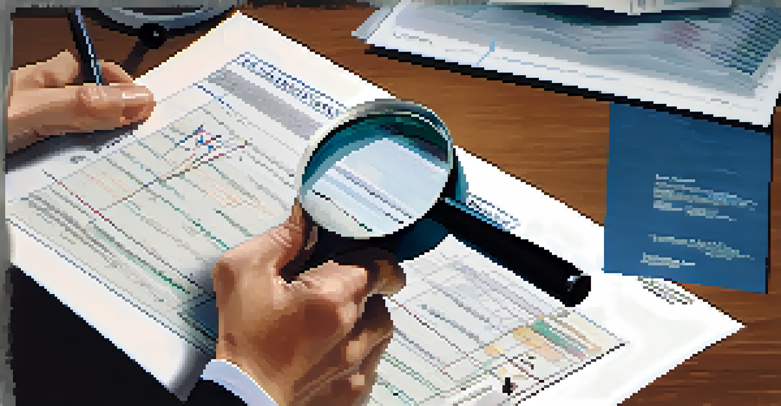 A hand examining a REIT analysis document with a magnifying glass in an office setting.