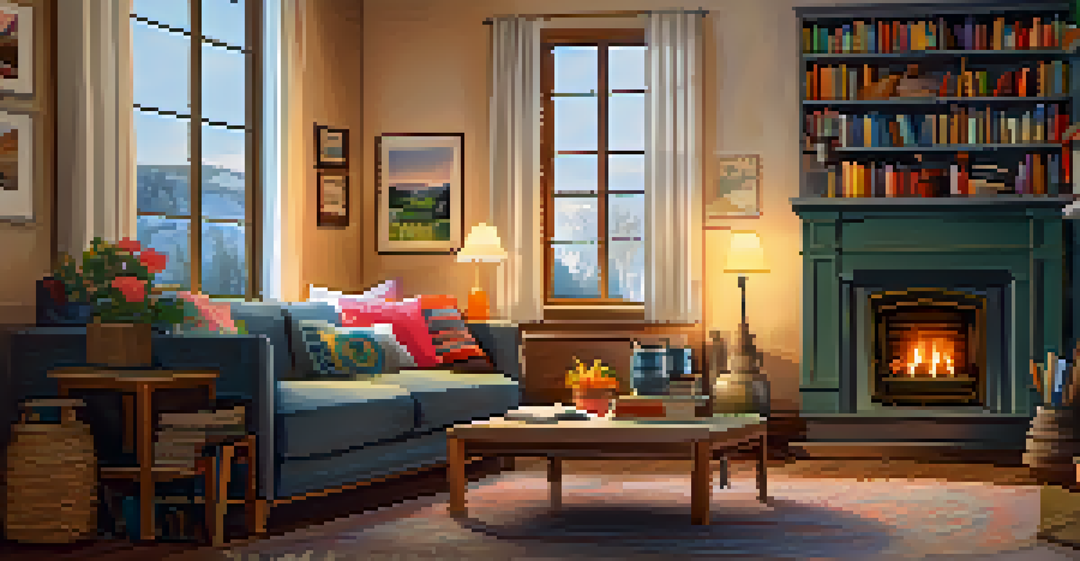 A cozy living room with a sofa, fireplace, bookshelf, and warm ambient lighting, inviting for relaxation.