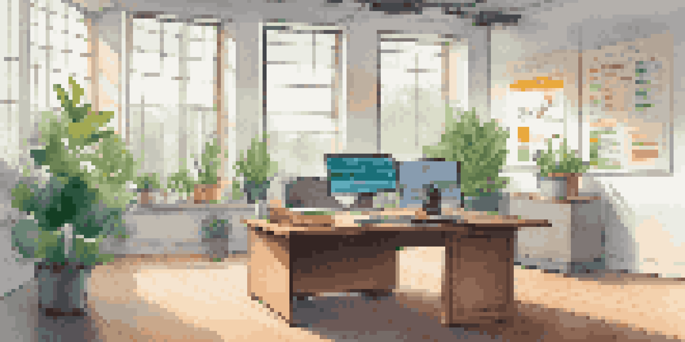 An office space with a wooden desk, laptop showing a report, and a whiteboard with financial metrics, illuminated by natural light.