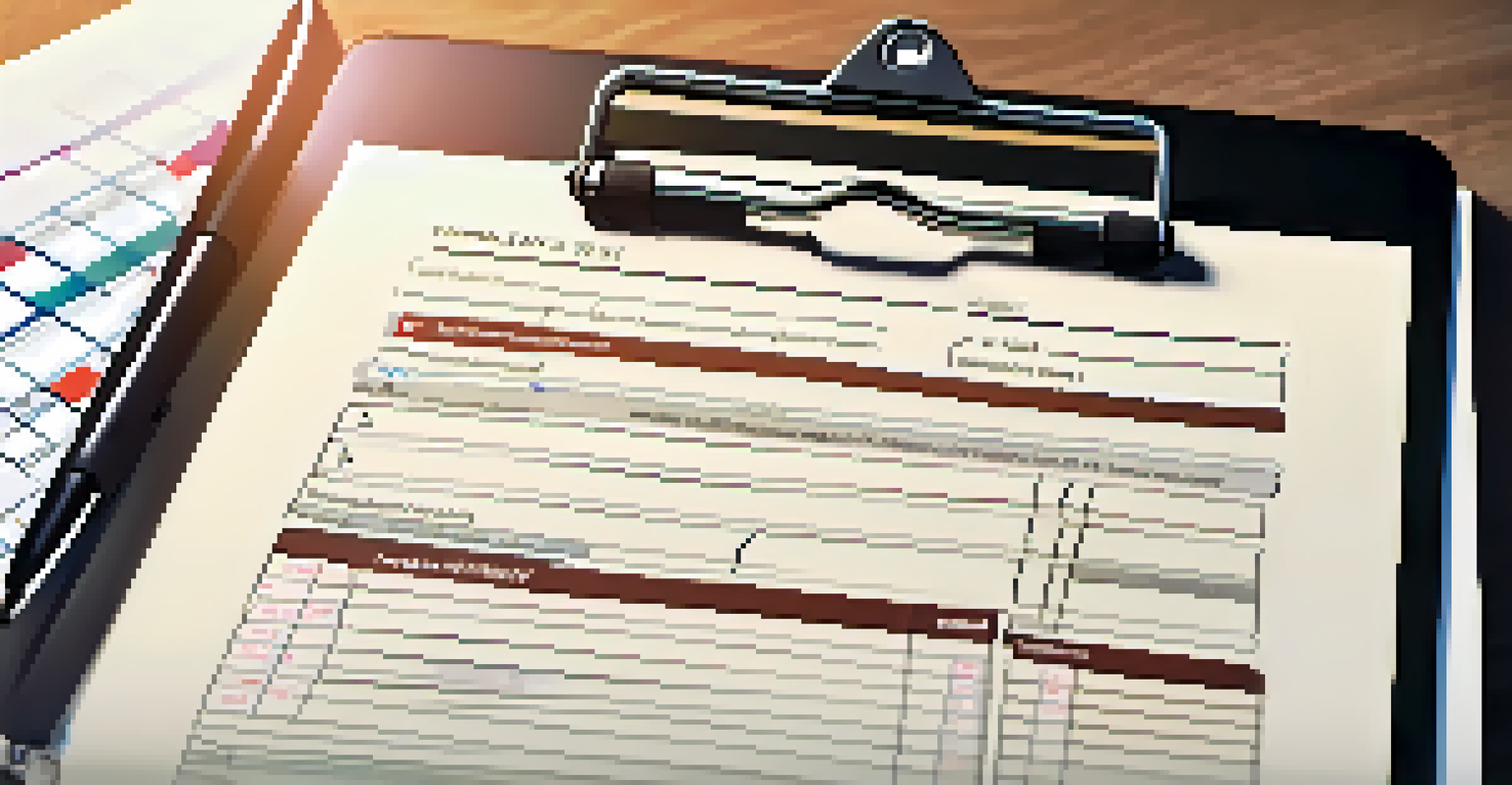 A close-up of a compliance checklist on a clipboard, with a pen on top, and a blurred computer screen showing financial graphs in the background.
