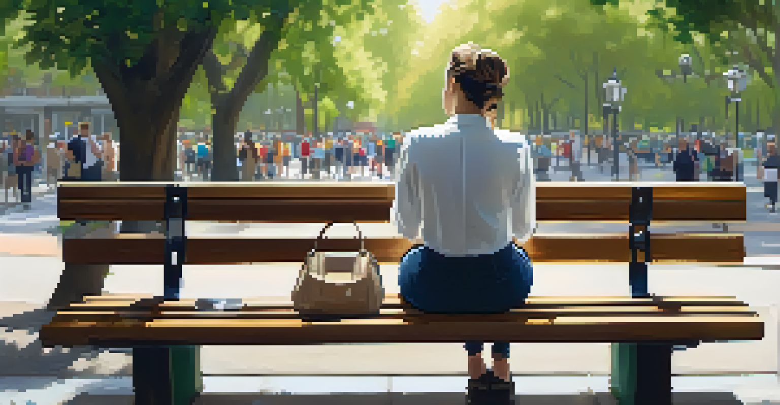 A person on a park bench looking at a stock market app on their smartphone, surrounded by a peaceful park.