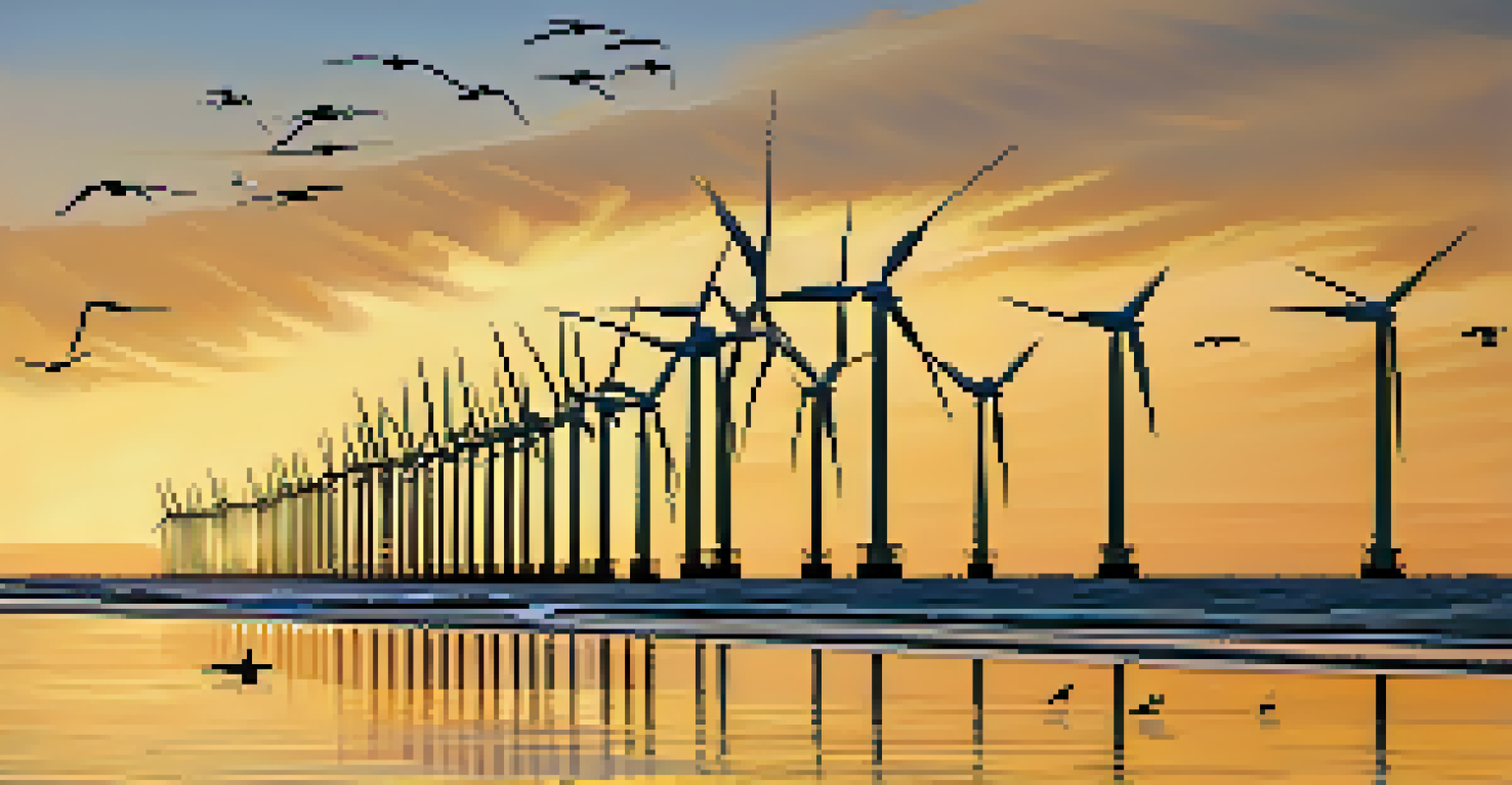 An offshore wind farm with wind turbines in the ocean at sunset, with seagulls flying in the sky.