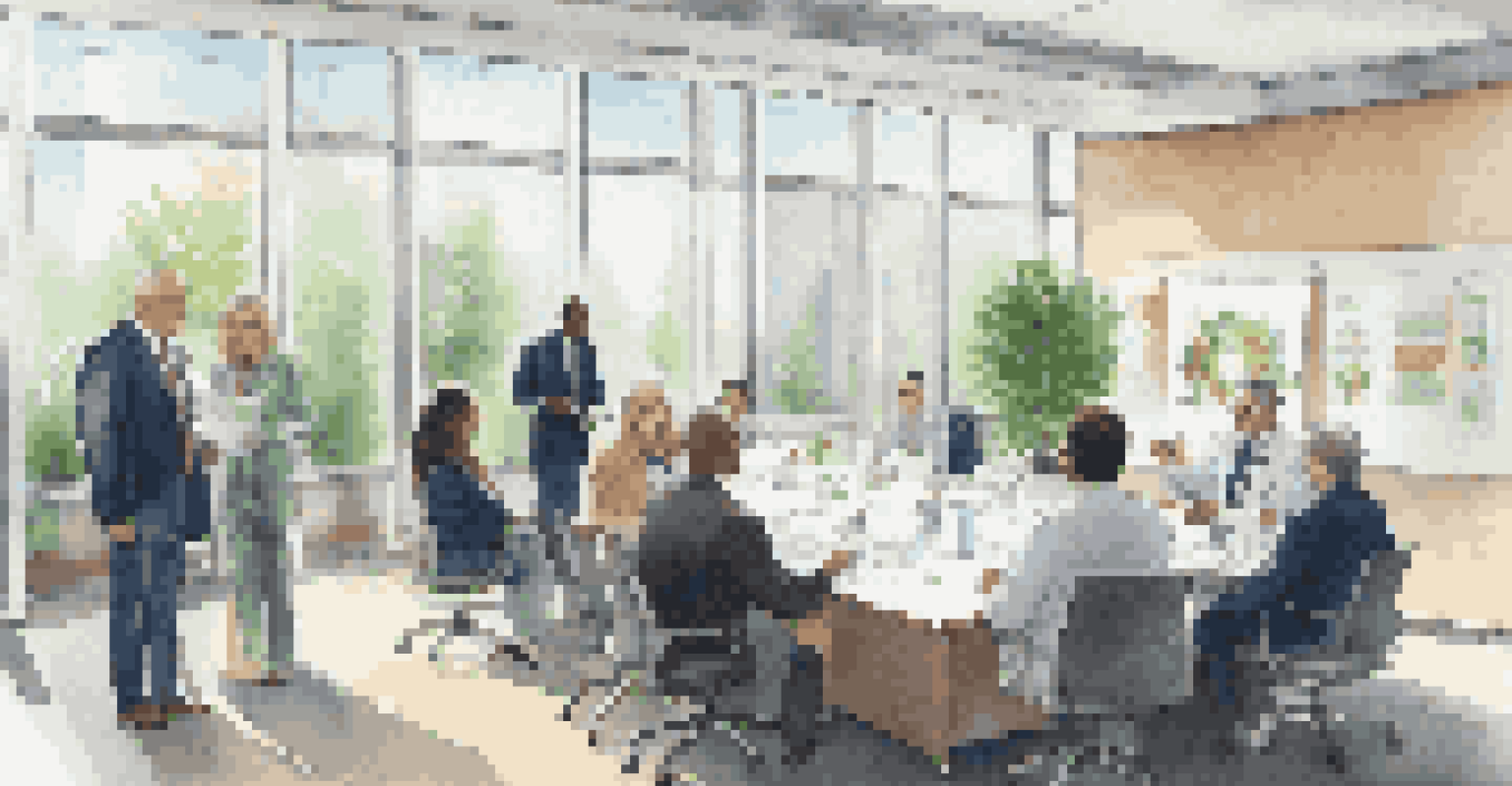 A healthcare meeting with diverse professionals around a table filled with documents and charts in a bright room.