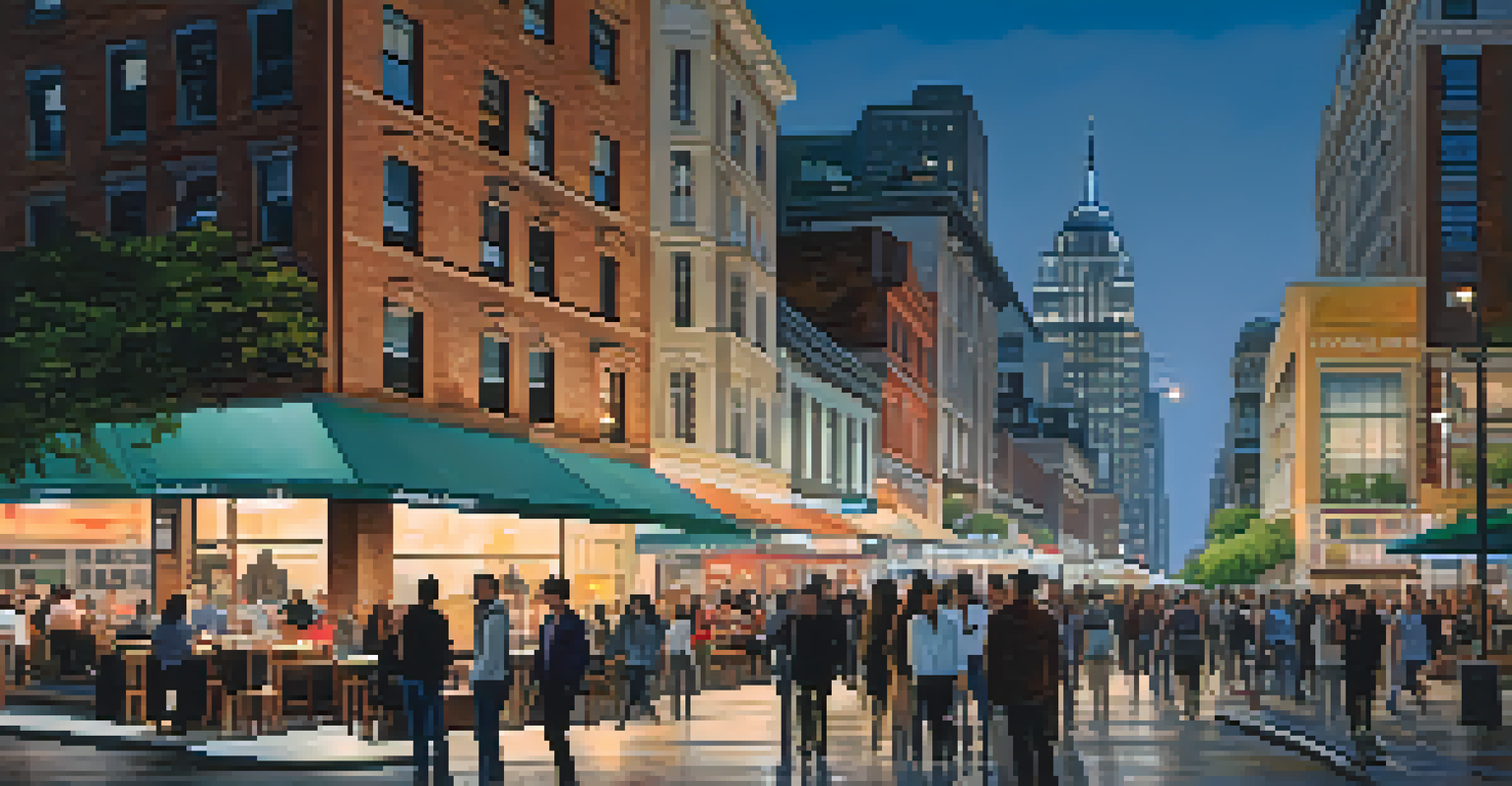A vibrant city skyline at dusk with illuminated buildings and people enjoying outdoor cafes on a bustling street.